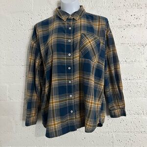 I Love H81 Womens Button Front Top M Blue Yellow Plaid Long Sleeve Cotton AM20